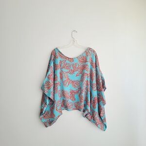 AUM COUTURE Turquoise Red Coral Print Silk Poncho Flounce Top